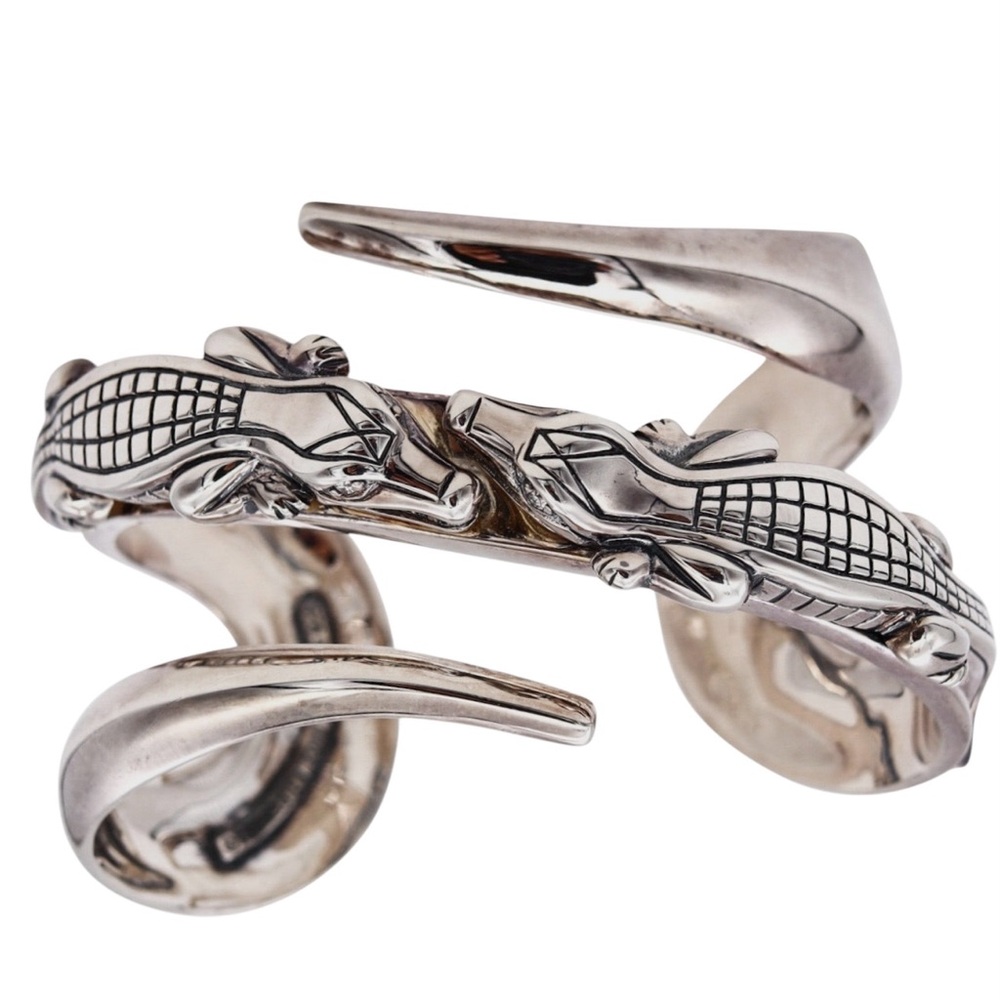 Barry Kieselstein Cord Sterling Silver Alligator Diamond Eyes Cuff Bracelet